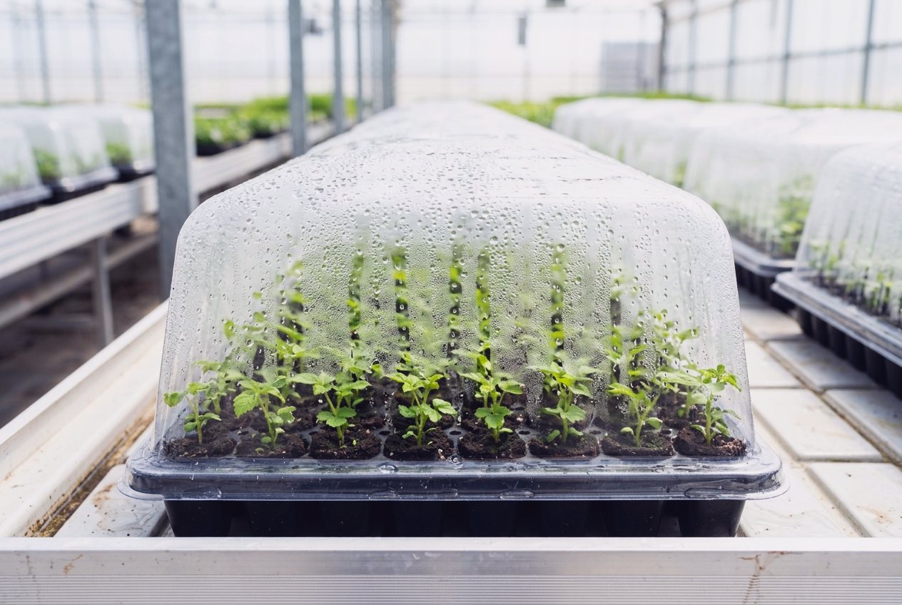 Freshly transplanted plantlets under a humidity dome