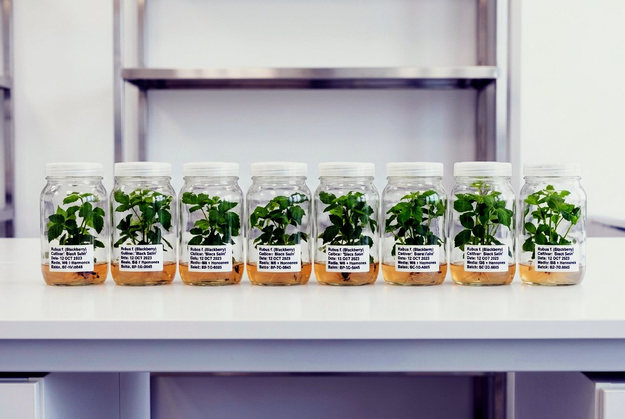 Close-up of tissue-culture jars with blackberry plantlets